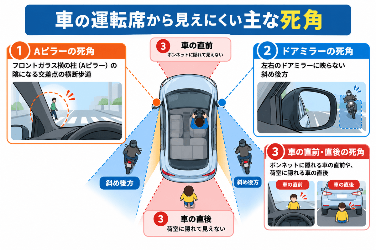 車の運転席から見えにくい主な視覚の図解