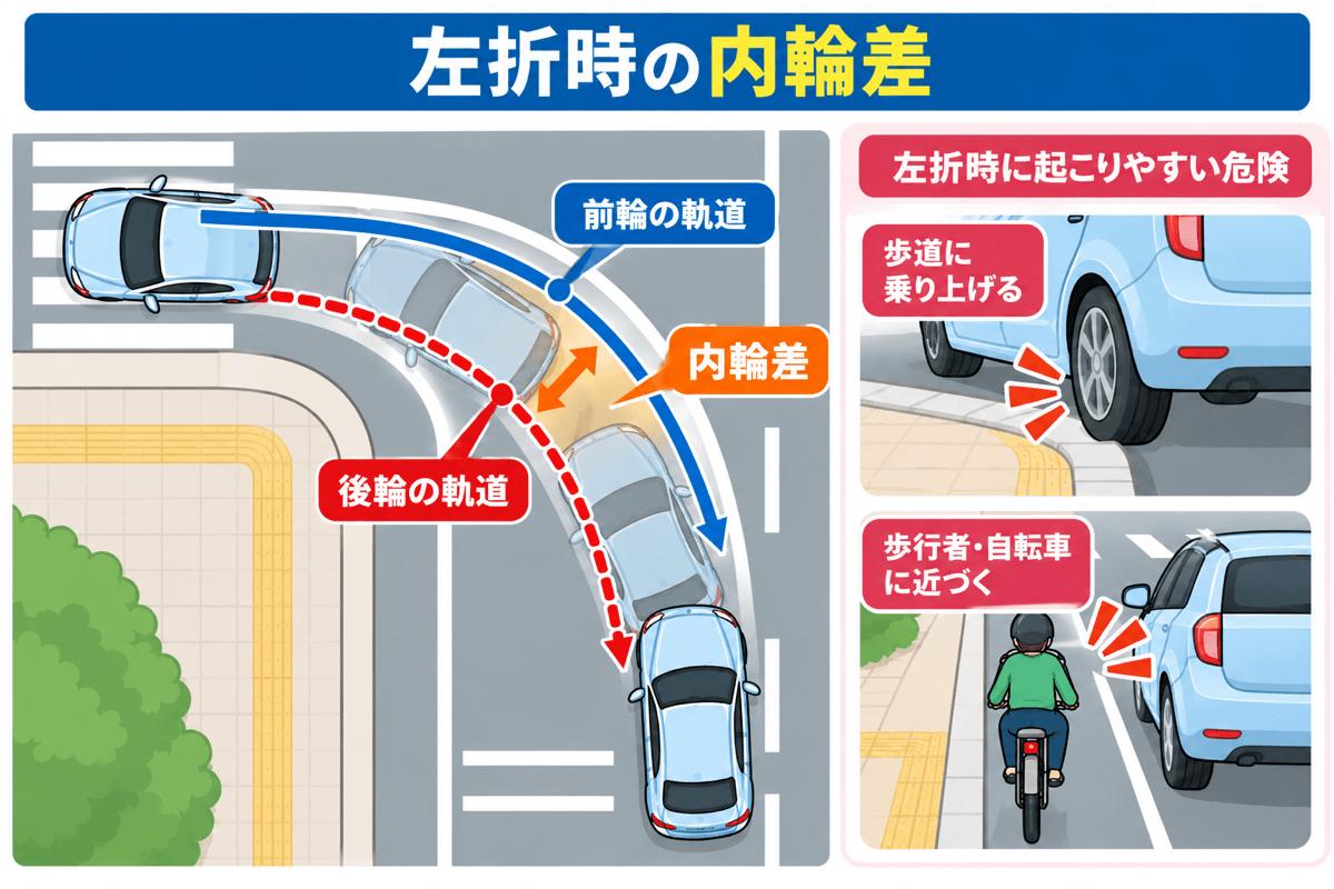 左折時の内輪差を説明した図解